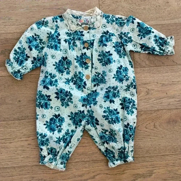 Vintage Jet Set Girls Floral One Piece Green Size 9 Months - Picture 1 of 4